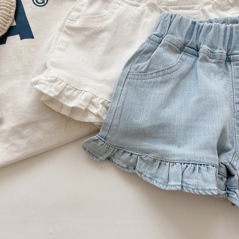 Ruffle Hem Light Wash Denim Shorts