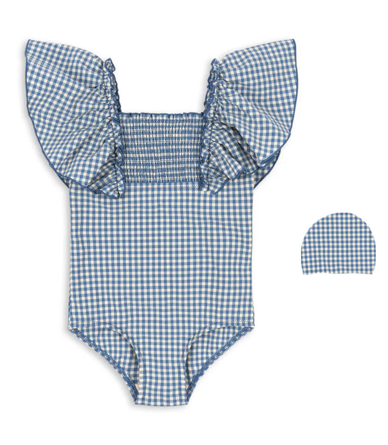 Blue Gingham Ruffle Swimsuit + Matching Swim Cap