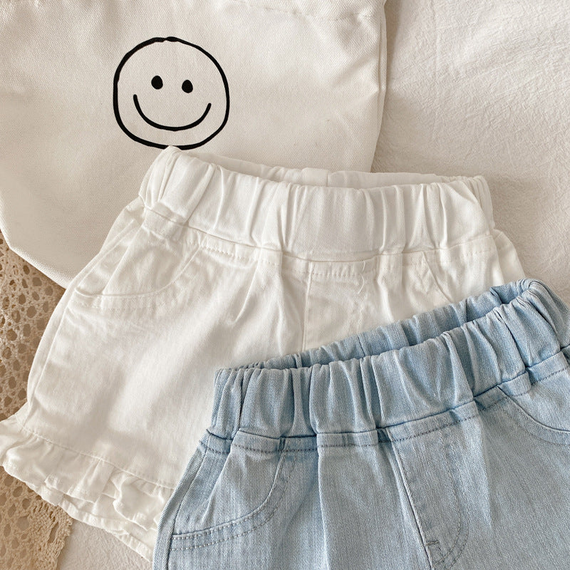 Ruffle Hem Light Wash Denim Shorts