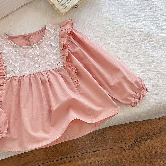 Pink Floral Lace Ruffle Blouse