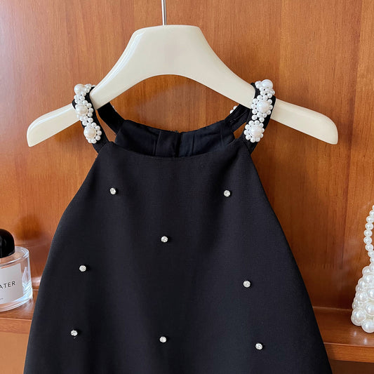 Pearl Dot Black Dress with Ruffle Hem