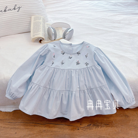 Sky Blue Floral Embroidered Tiered Blouse