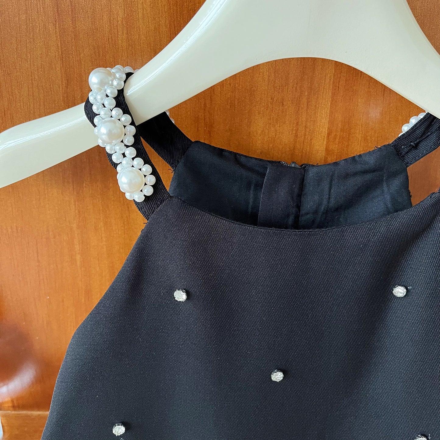 Pearl Dot Black Dress with Ruffle Hem