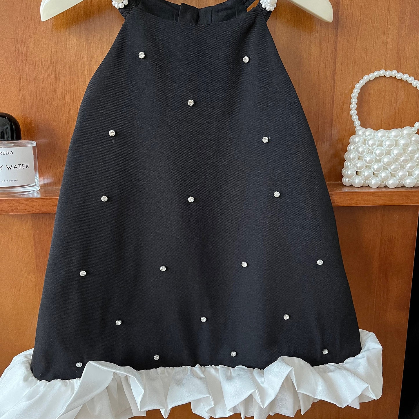 Pearl Dot Black Dress with Ruffle Hem