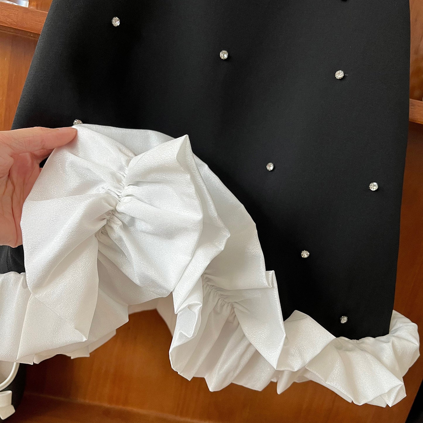 Pearl Dot Black Dress with Ruffle Hem