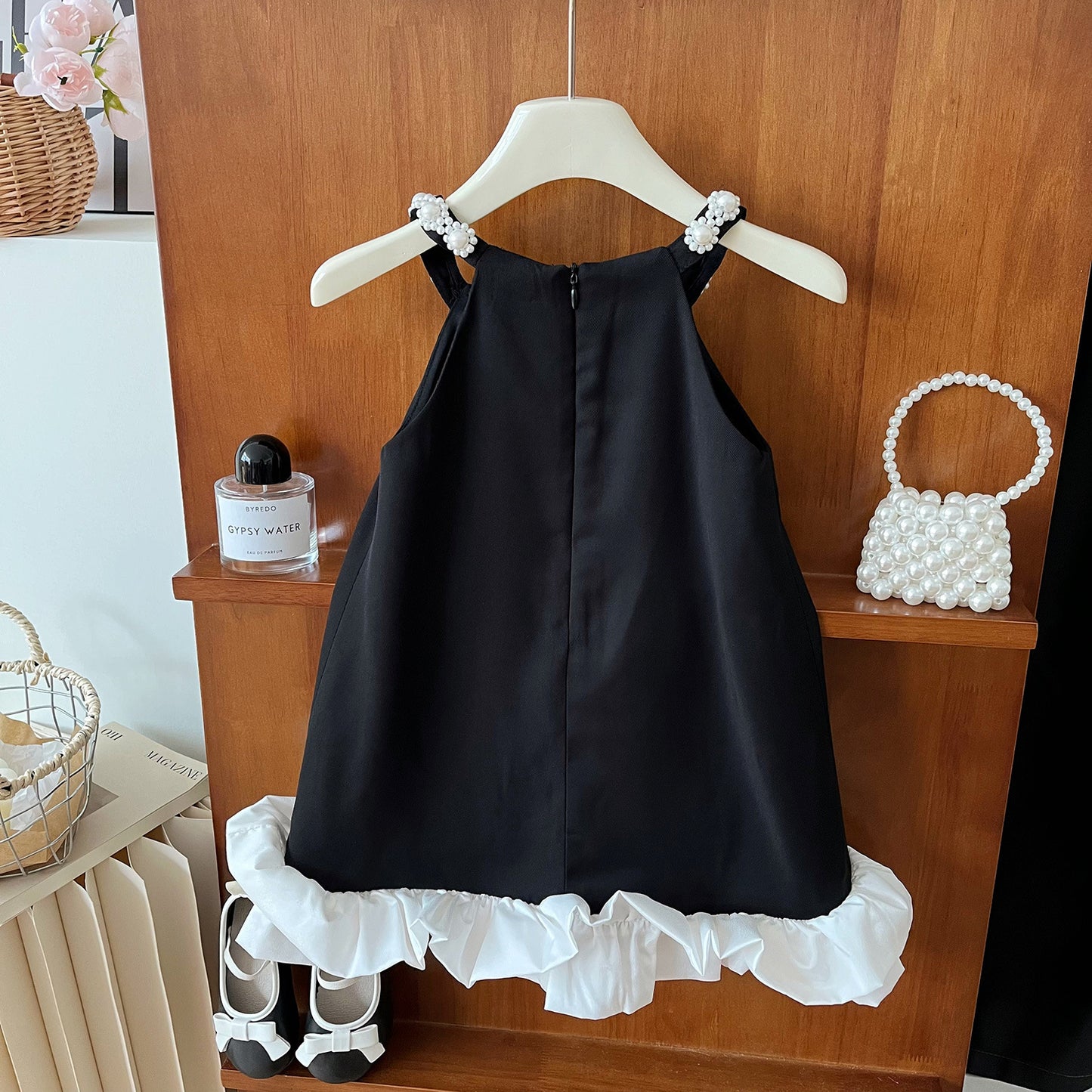 Pearl Dot Black Dress with Ruffle Hem