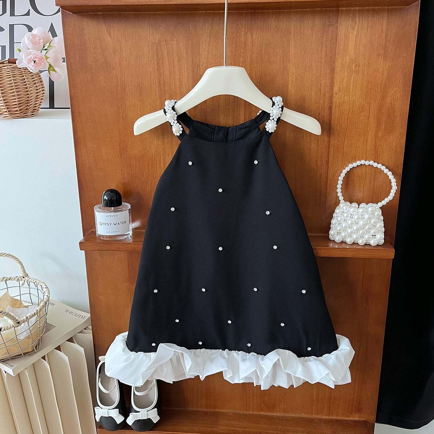 Pearl Dot Black Dress with Ruffle Hem