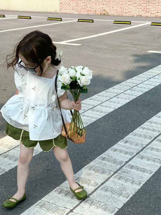 Ruffle-Back Peplum Blouse + Olive Green Cotton Shorts Set