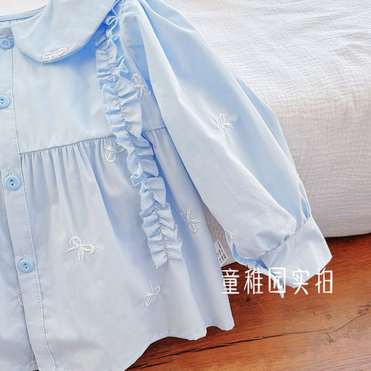 Sky Blue Bow Embroidered Ruffle Blouse