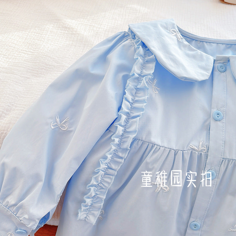 Sky Blue Bow Embroidered Ruffle Blouse