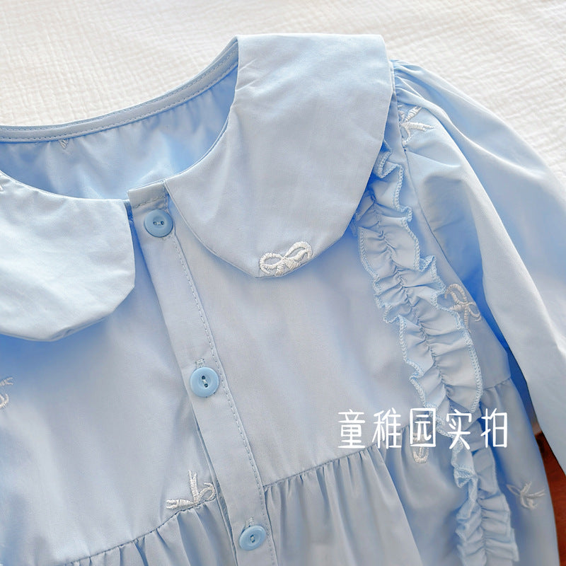 Sky Blue Bow Embroidered Ruffle Blouse