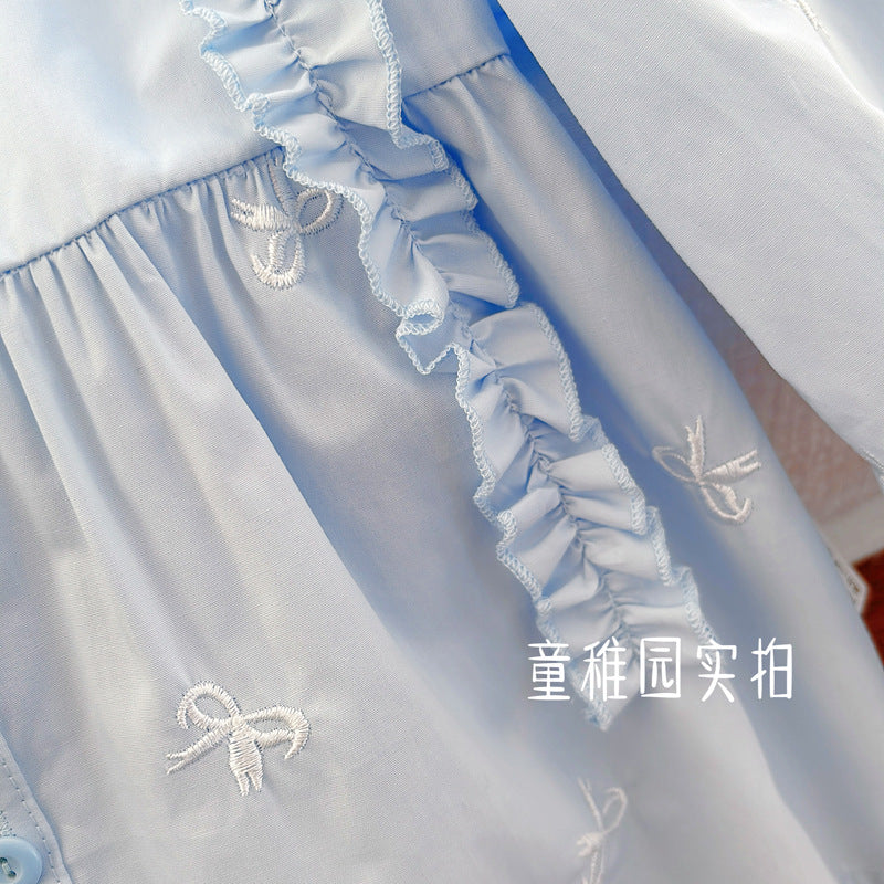 Sky Blue Bow Embroidered Ruffle Blouse