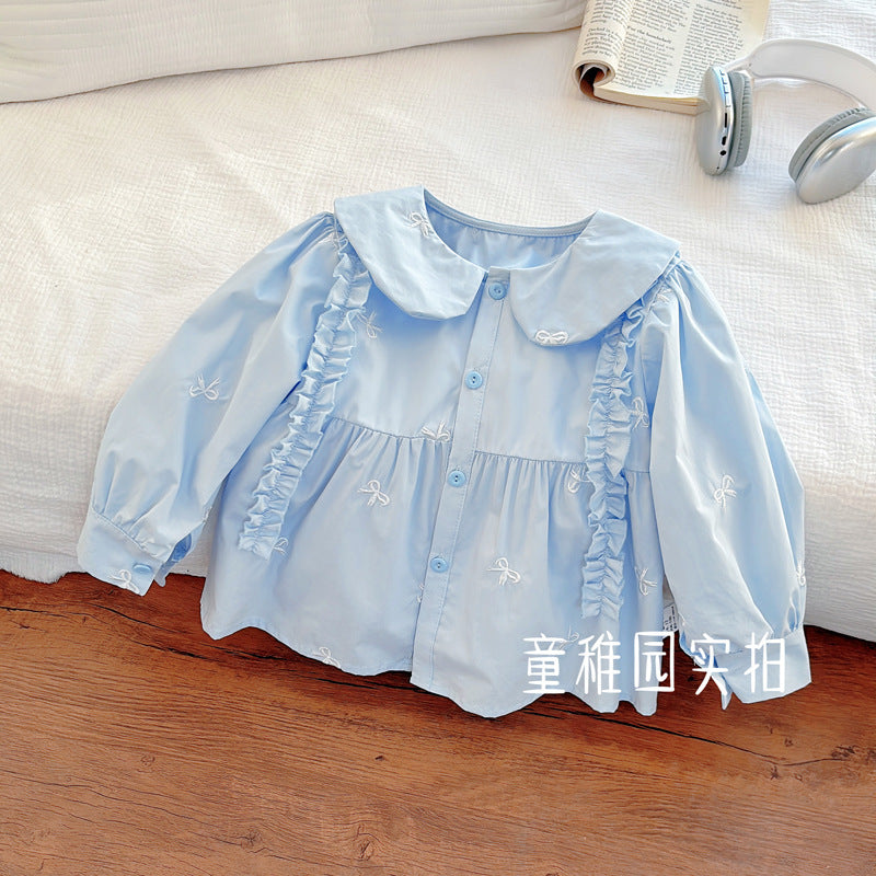 Sky Blue Bow Embroidered Ruffle Blouse