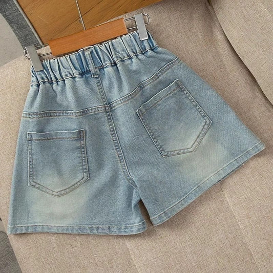 Bow Embroidered Denim Shorts – Soft Elastic Waist