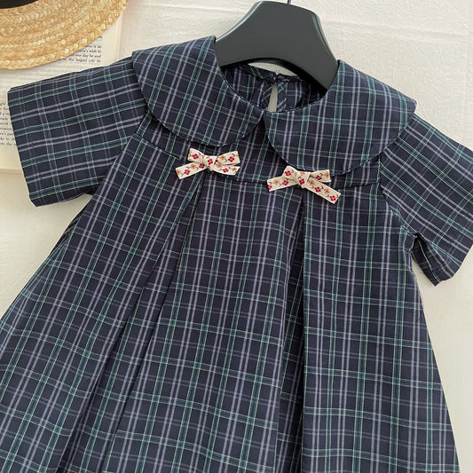 Navy Plaid Bow Collar Dress