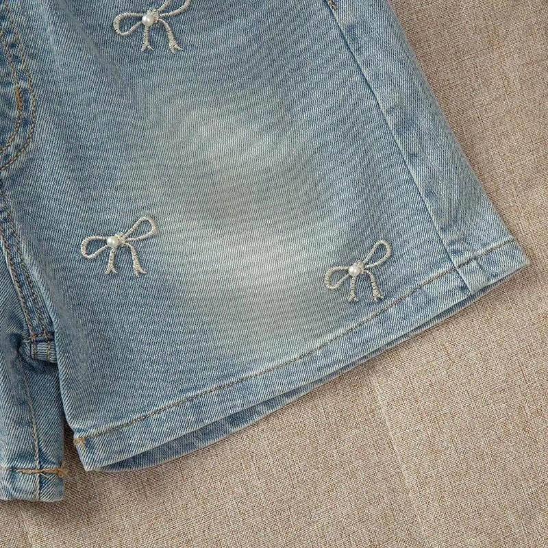 Bow Embroidered Denim Shorts β Soft Elastic Waist