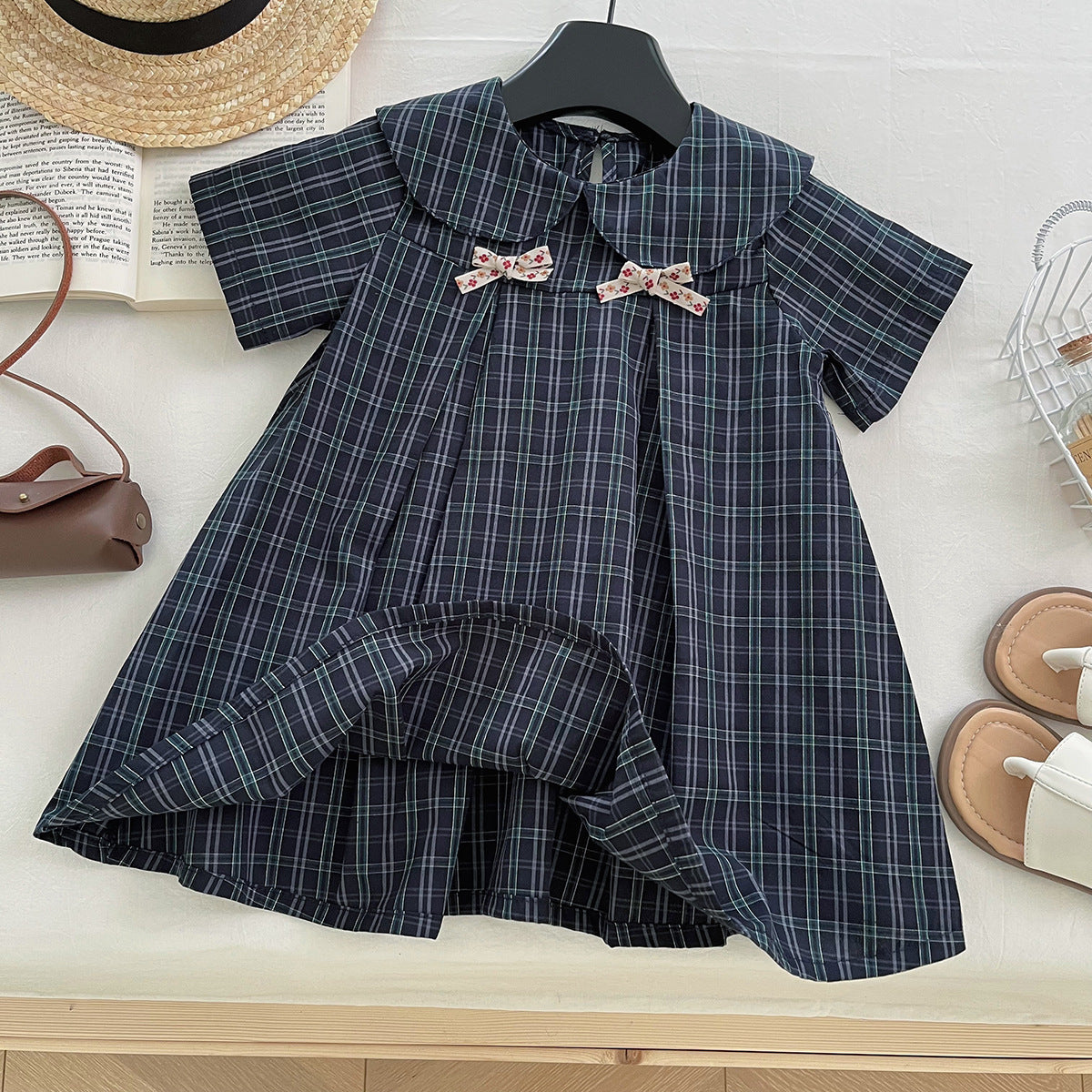 Navy Plaid Bow Collar Dress
