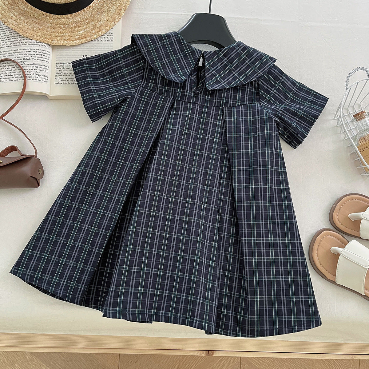 Navy Plaid Bow Collar Dress