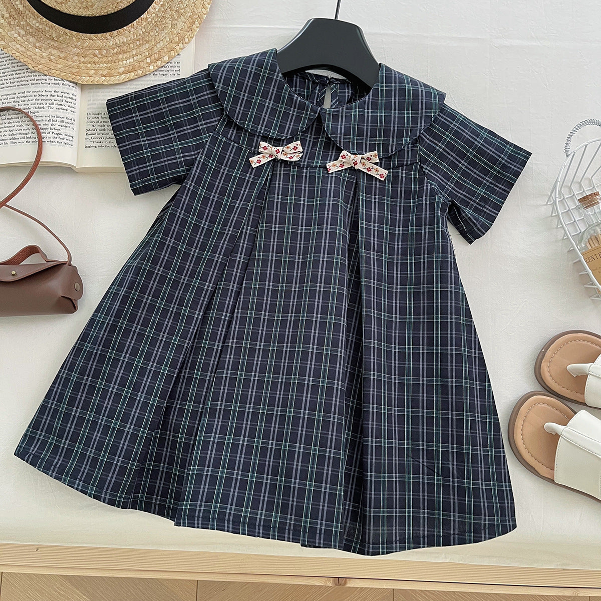 Navy Plaid Bow Collar Dress