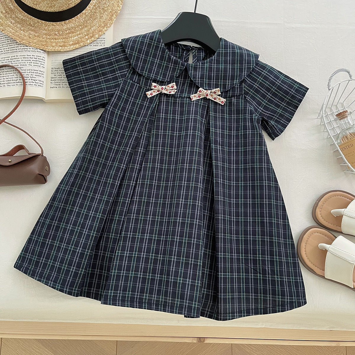 Navy Plaid Bow Collar Dress