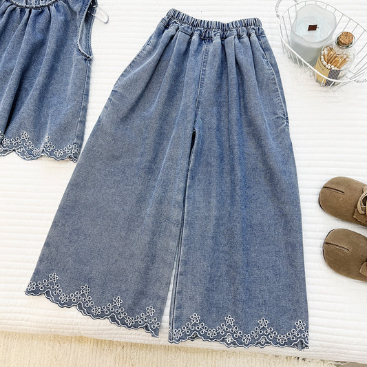 Scalloped Denim Wide-Leg Set