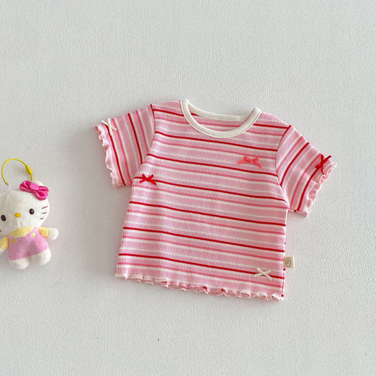 Rainbow Stripe Ribbed Tee – Ruffle Sleeve Top (3 Colors)