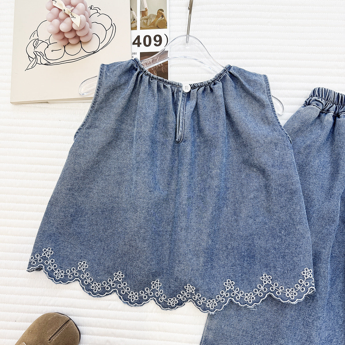 Scalloped Denim Wide-Leg Set