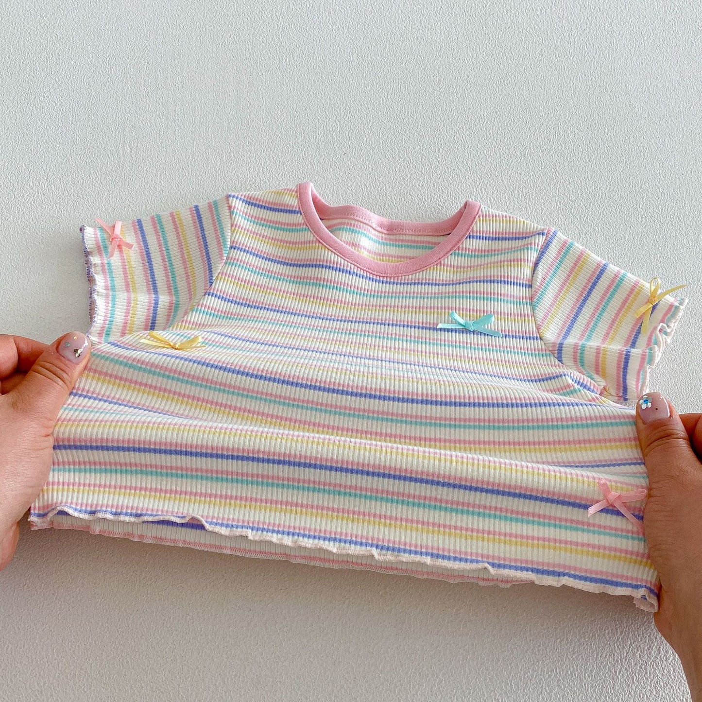 Rainbow Stripe Ribbed Tee – Ruffle Sleeve Top (3 Colors)
