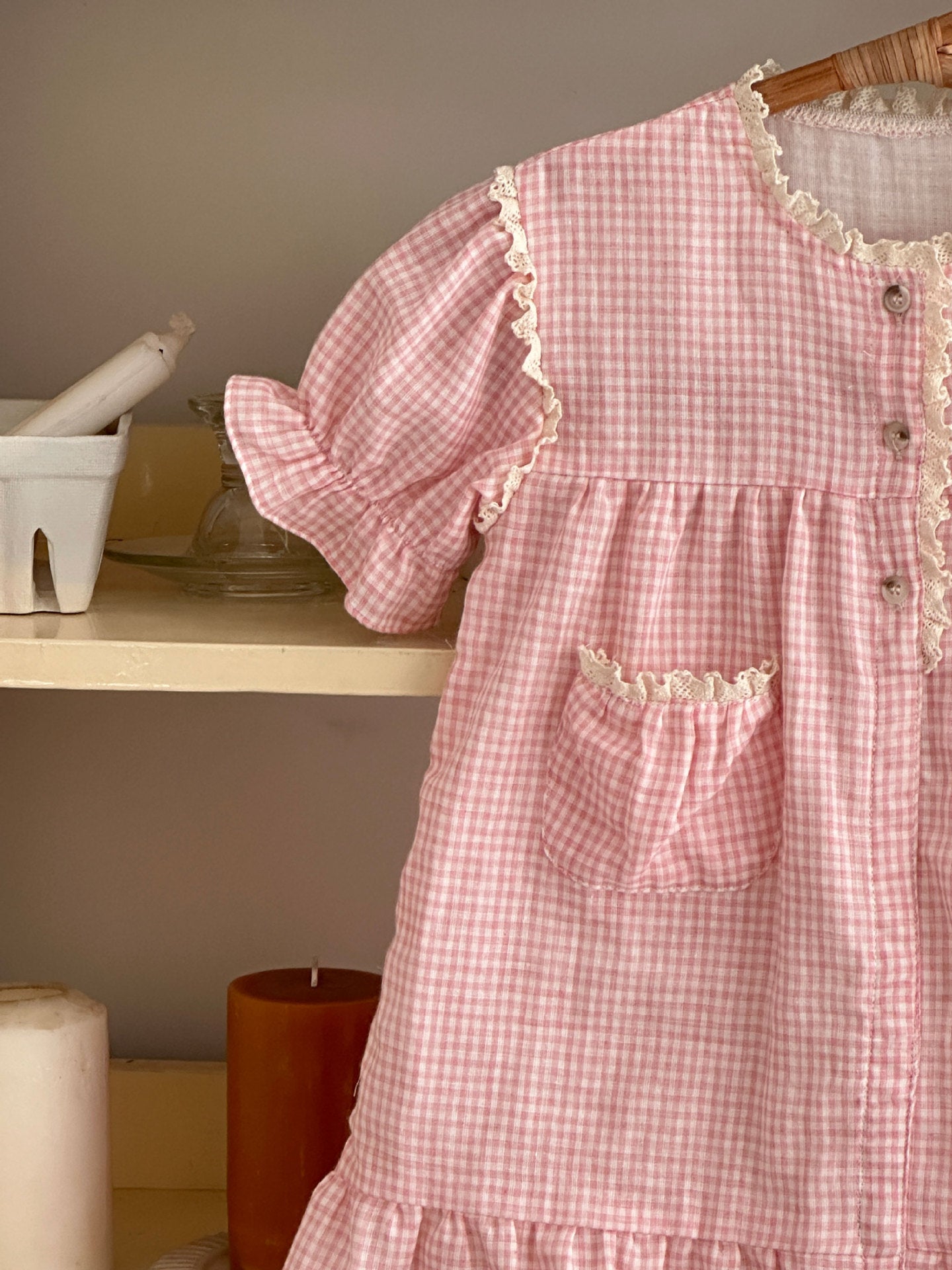 Pink Gingham Ruffle Pocket Dress