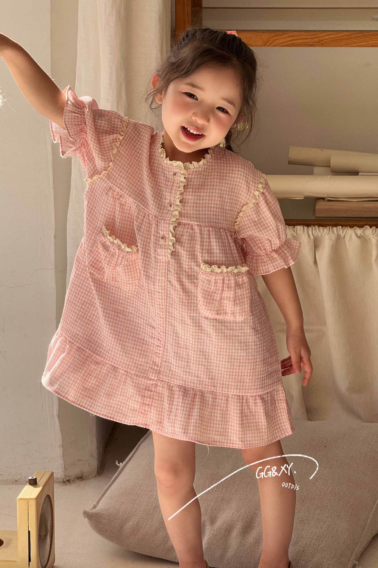 Pink Gingham Ruffle Pocket Dress