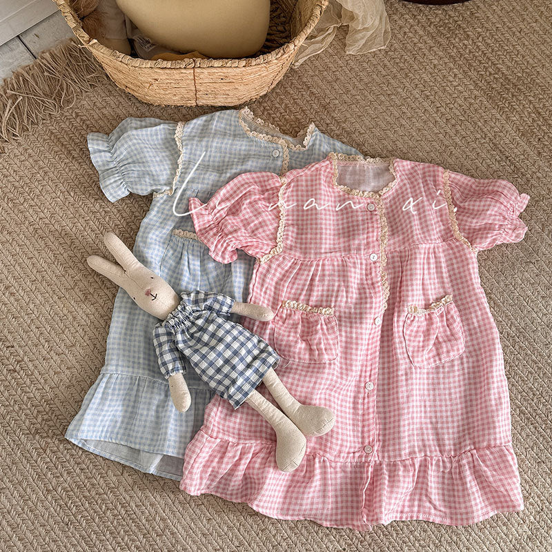 Pink Gingham Ruffle Pocket Dress