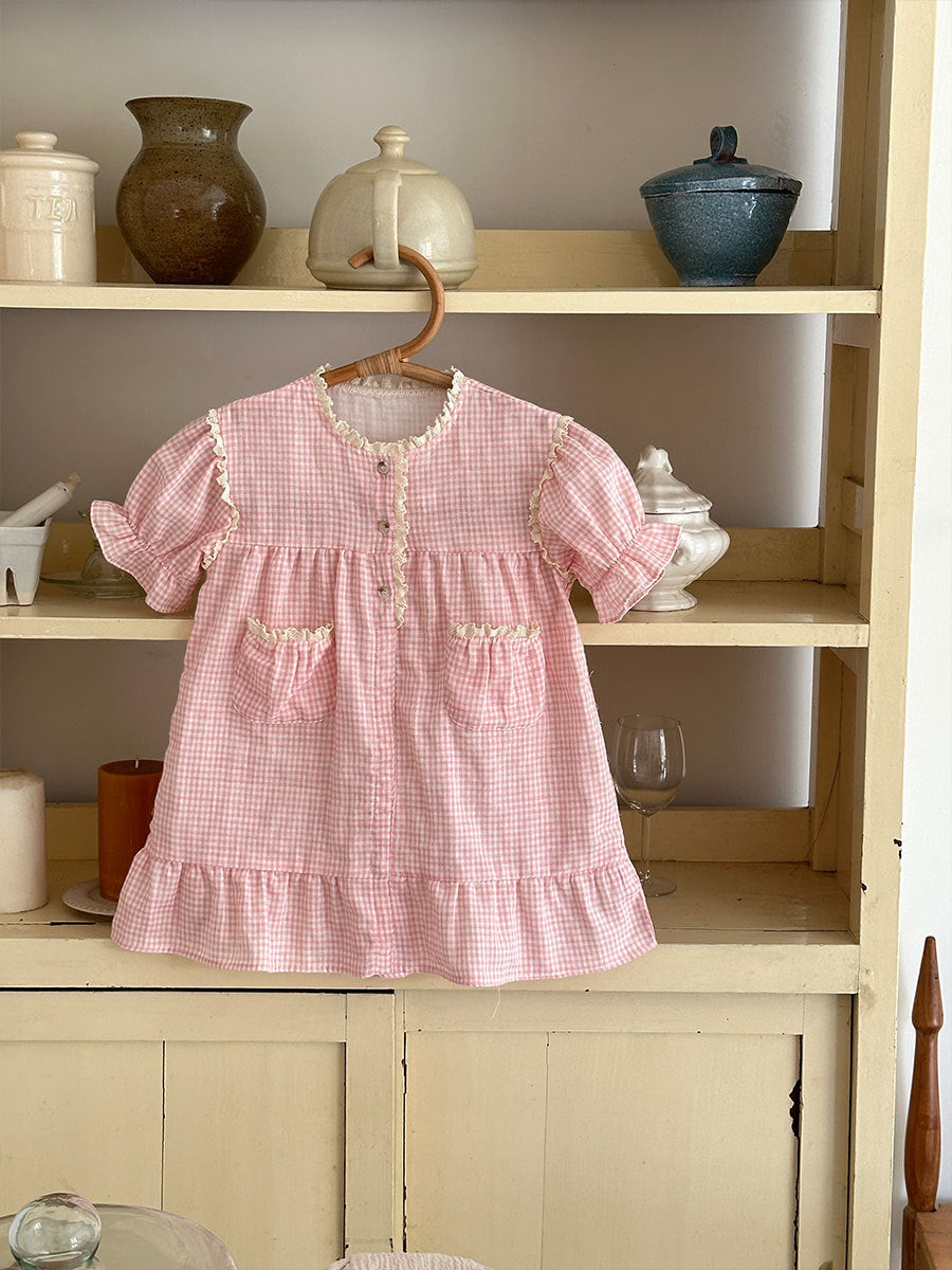 Pink Gingham Ruffle Pocket Dress