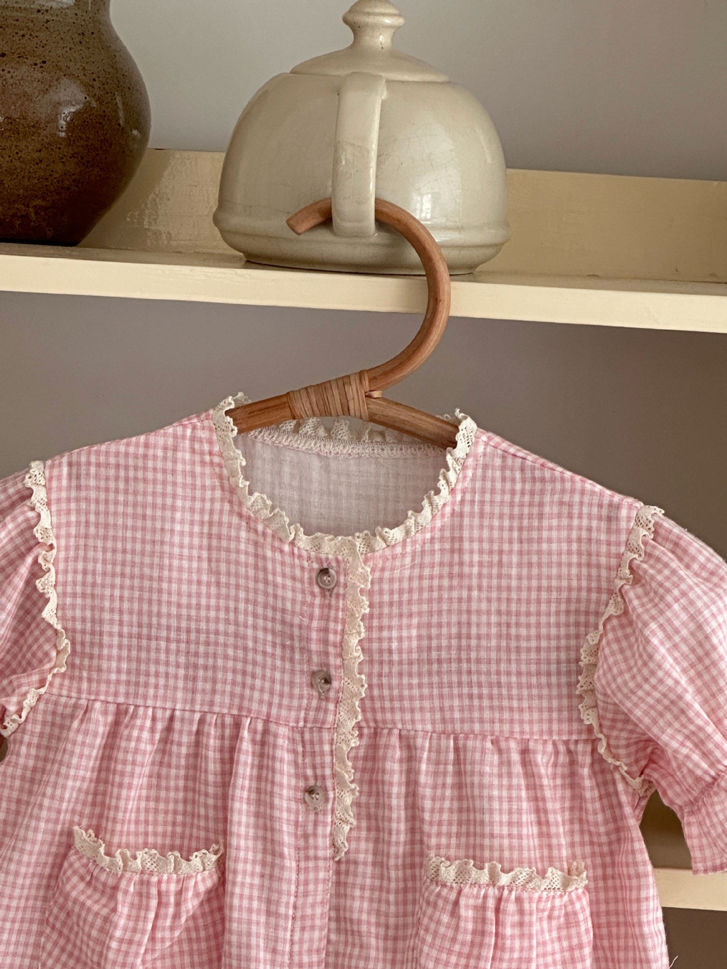 Pink Gingham Ruffle Pocket Dress