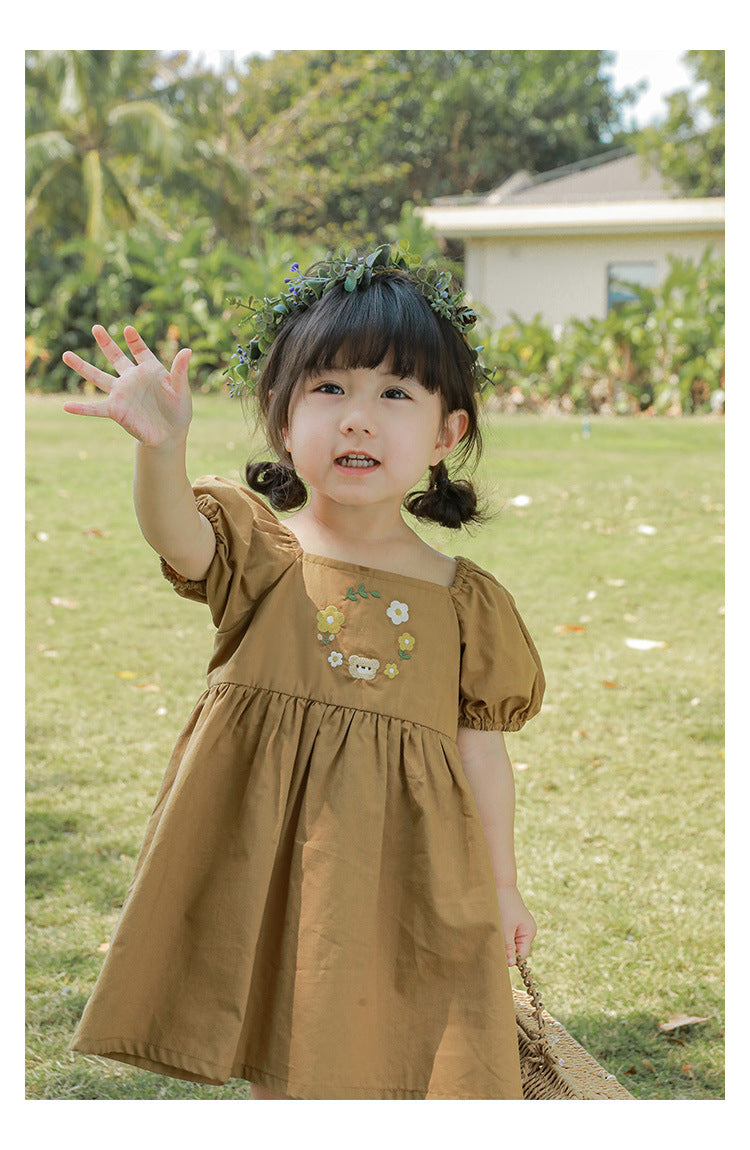 Bear & Blossom Puff Sleeve Dress – Neutral Tan