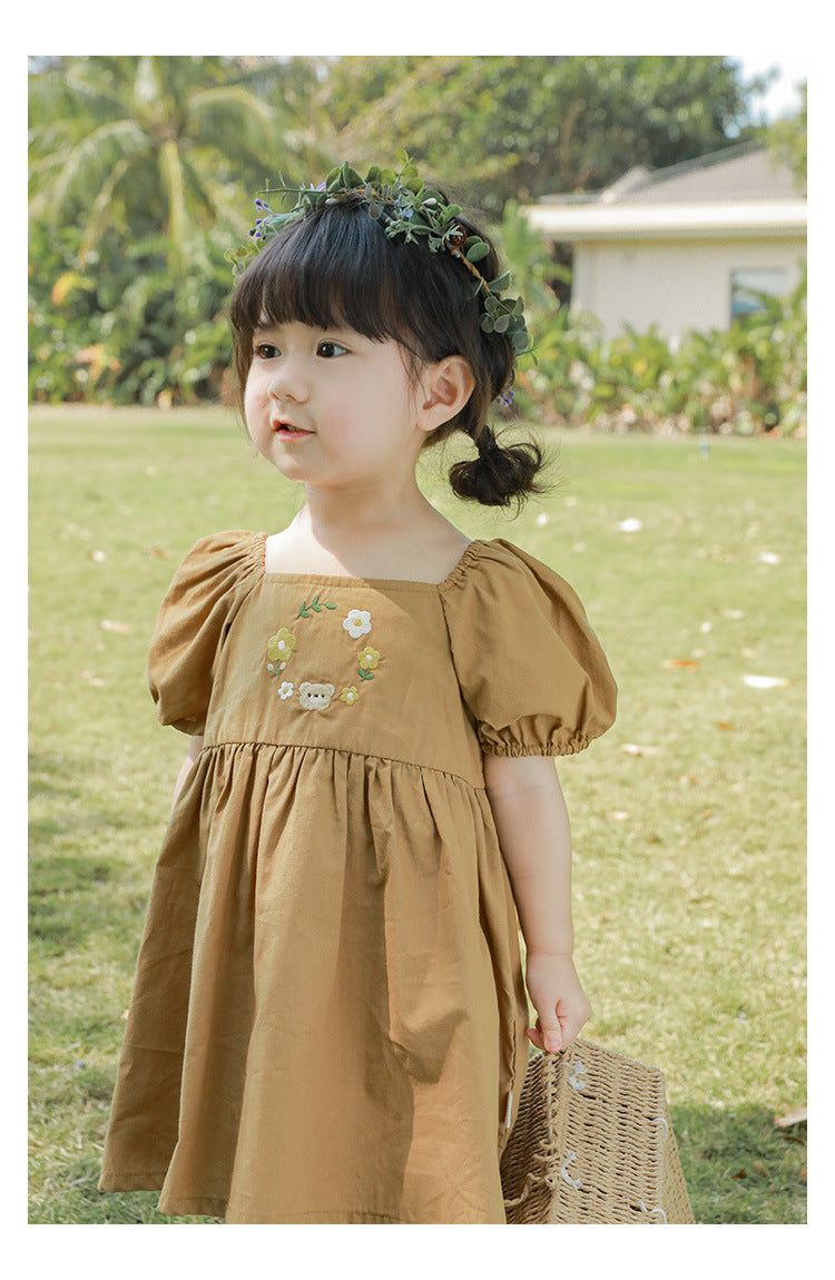 Bear & Blossom Puff Sleeve Dress – Neutral Tan