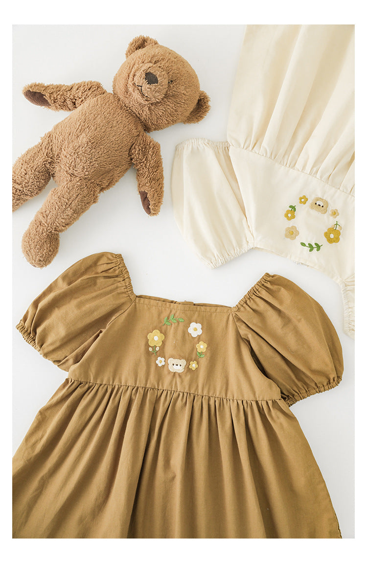 Bear & Blossom Puff Sleeve Dress – Neutral Tan