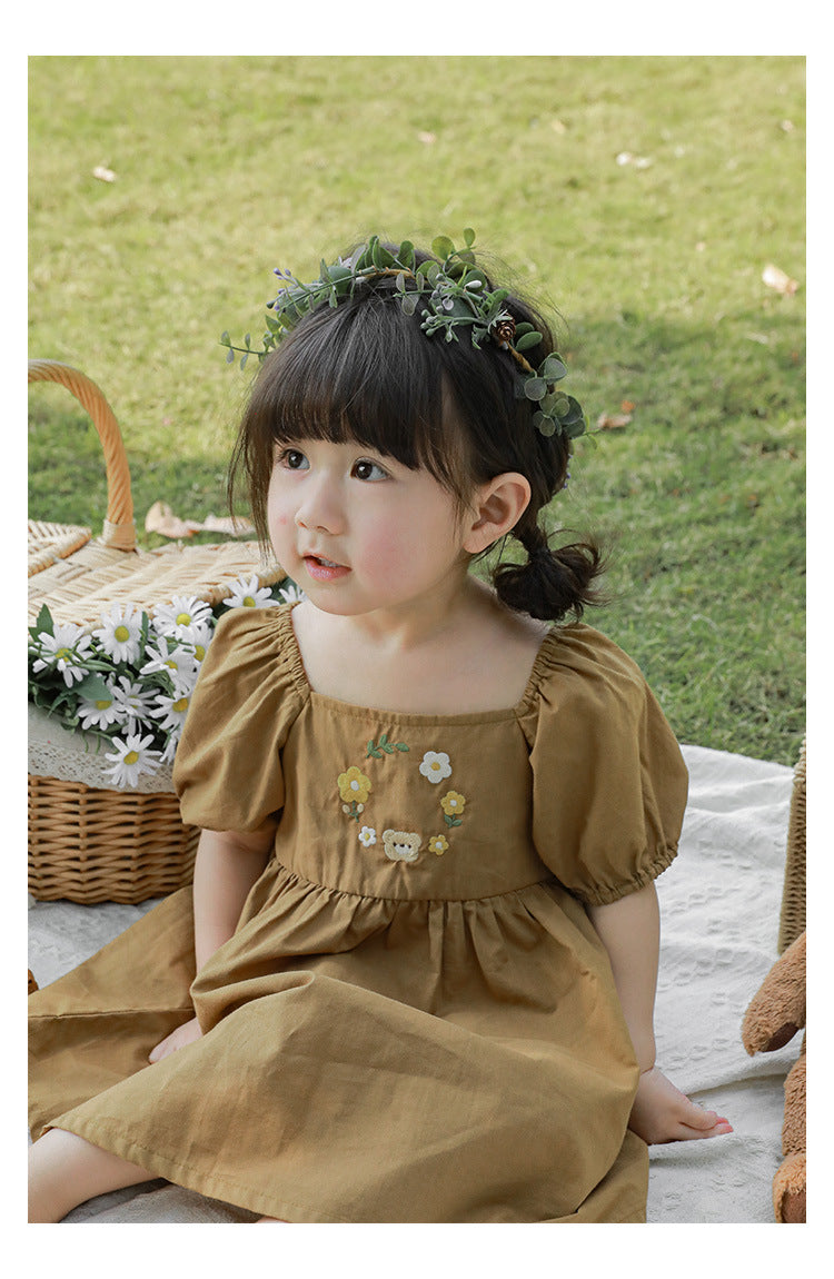Bear & Blossom Puff Sleeve Dress – Neutral Tan