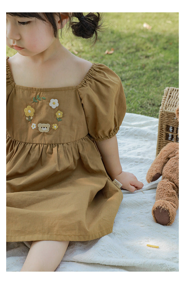 Bear & Blossom Puff Sleeve Dress – Neutral Tan