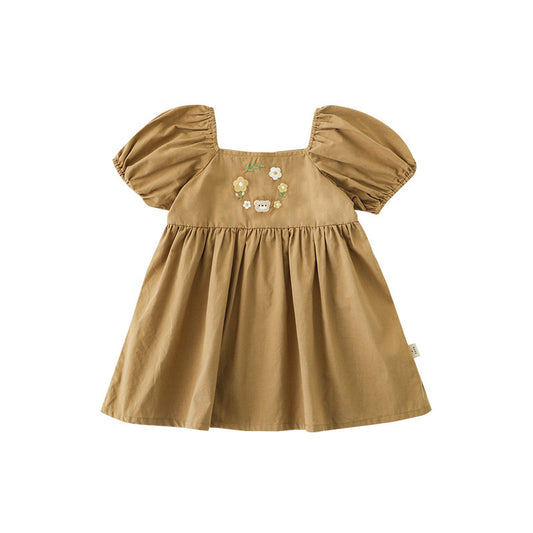 Bear & Blossom Puff Sleeve Dress – Neutral Tan