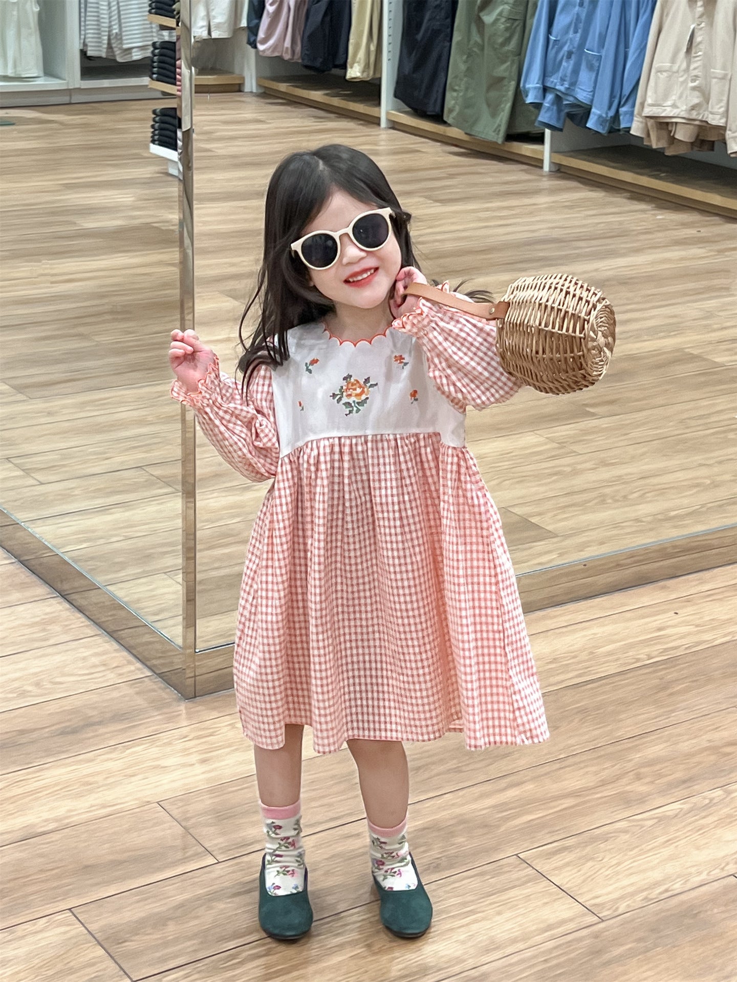 Gingham Floral Embroidered Dress