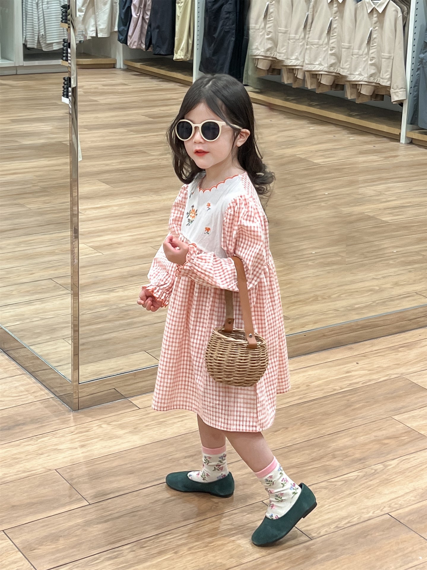 Gingham Floral Embroidered Dress