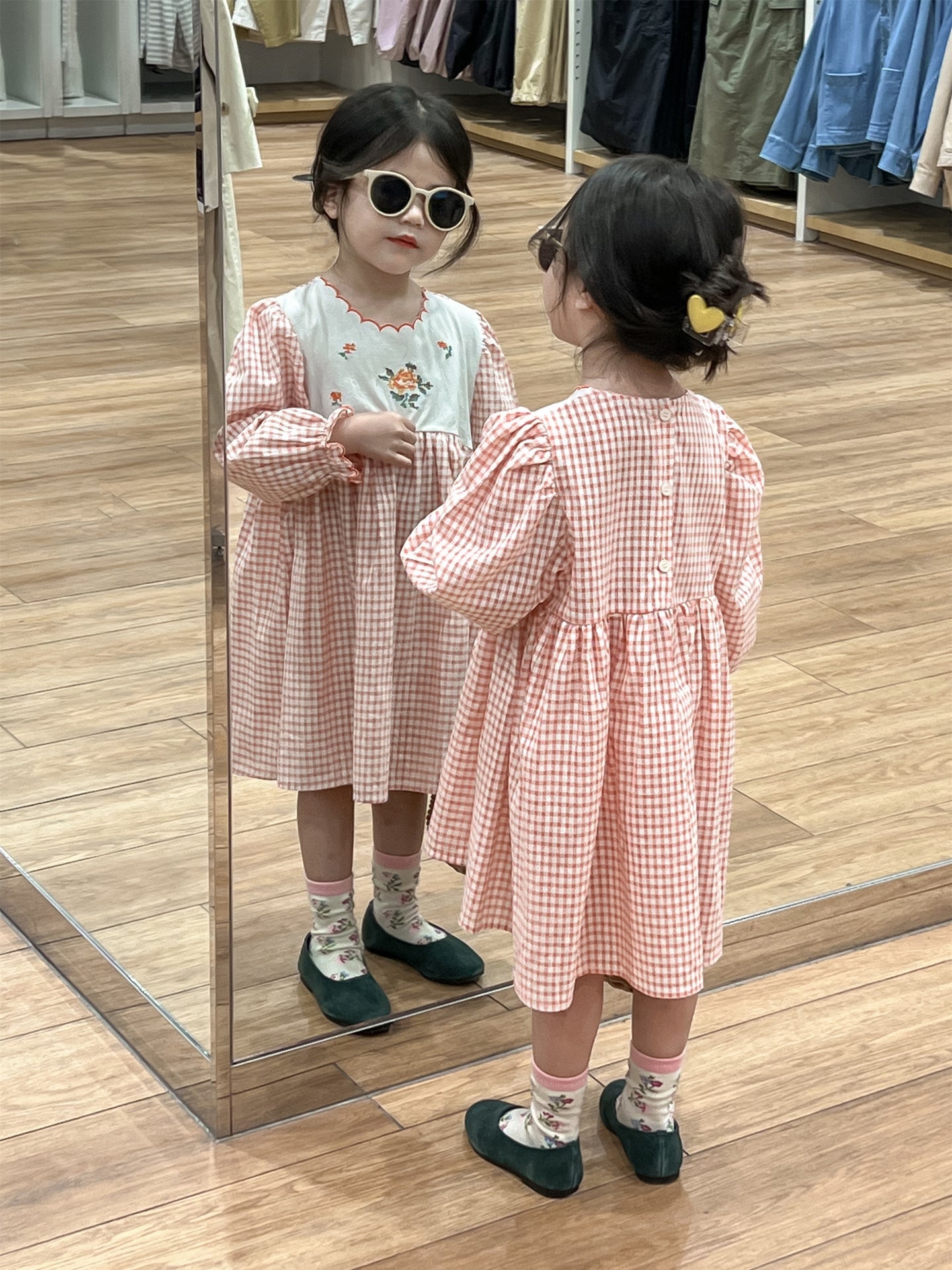 Gingham Floral Embroidered Dress