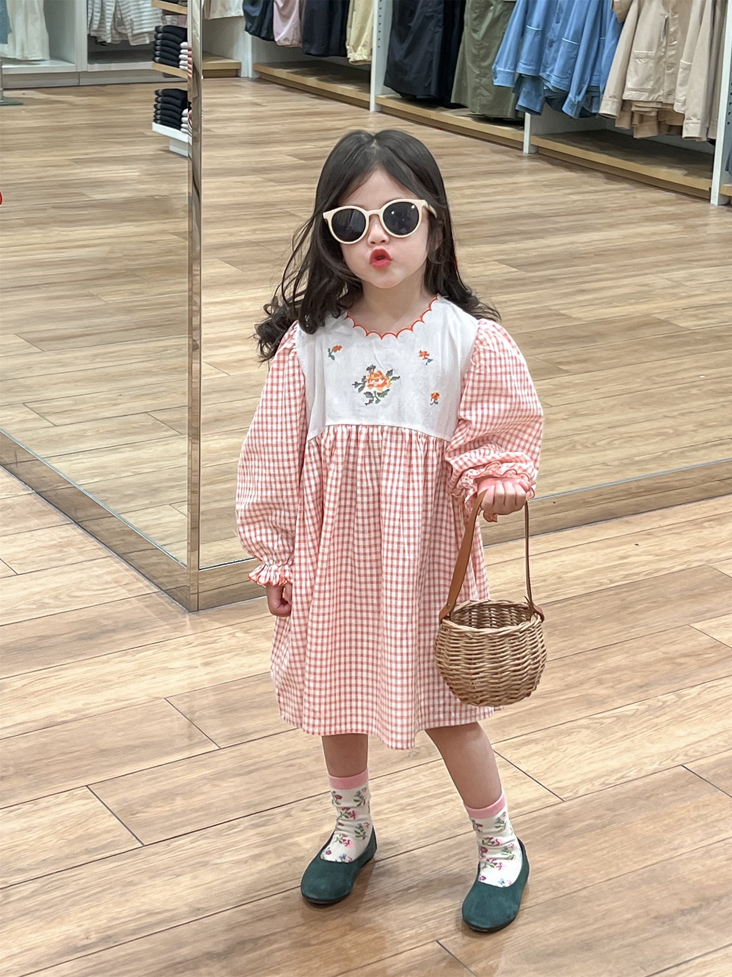 Gingham Floral Embroidered Dress