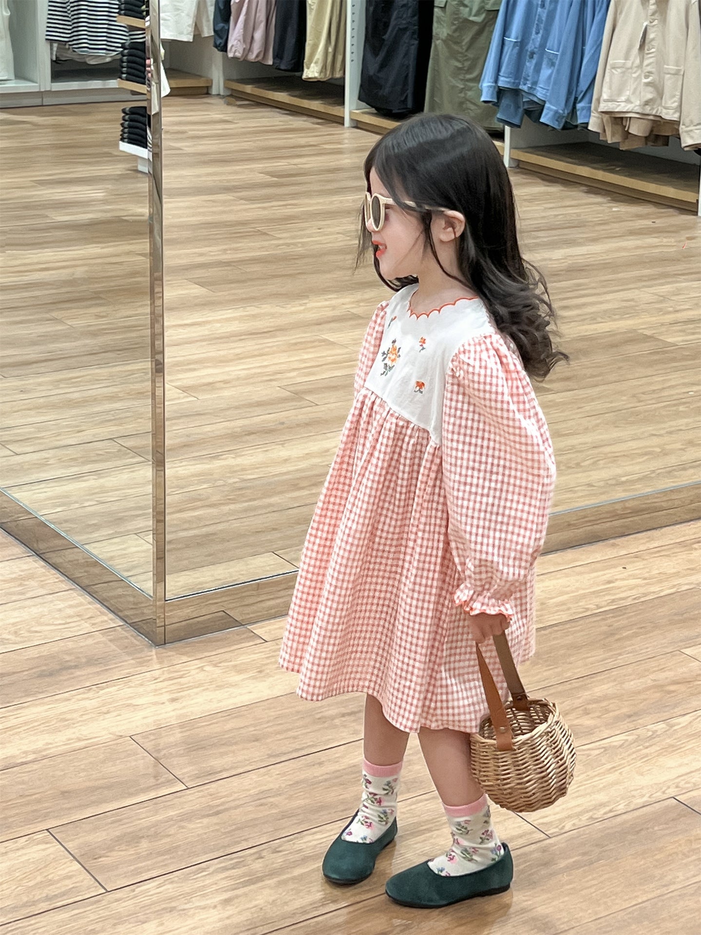 Gingham Floral Embroidered Dress