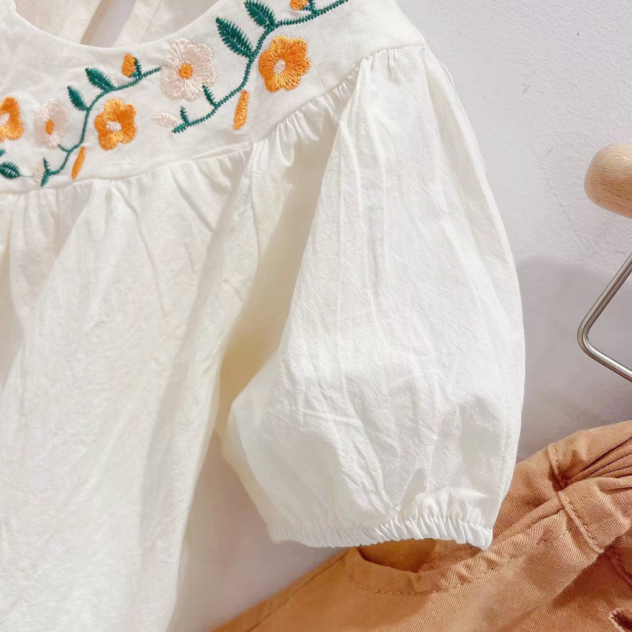 Floral Embroidered Blouse & Ruffle Shorts Set
