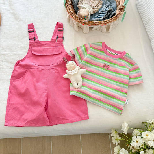Bright Days Striped Tee & Pink Overall Short Set