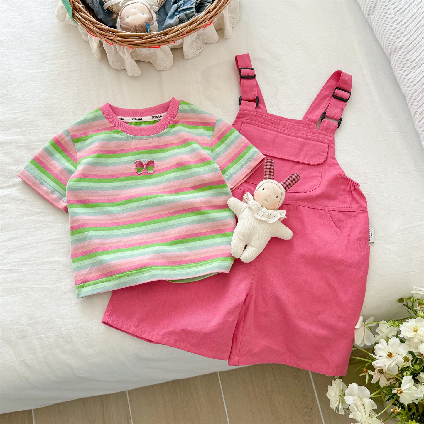 Bright Days Striped Tee & Pink Overall Short Set