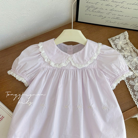 Lavender Lace Collar Puff-Sleeve Blouse