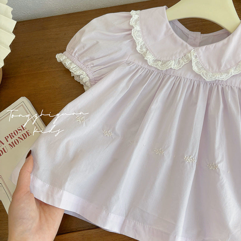 Lavender Lace Collar Puff-Sleeve Blouse