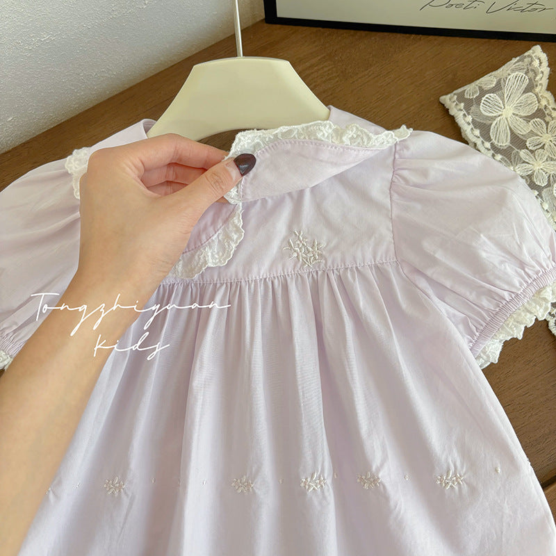 Lavender Lace Collar Puff-Sleeve Blouse